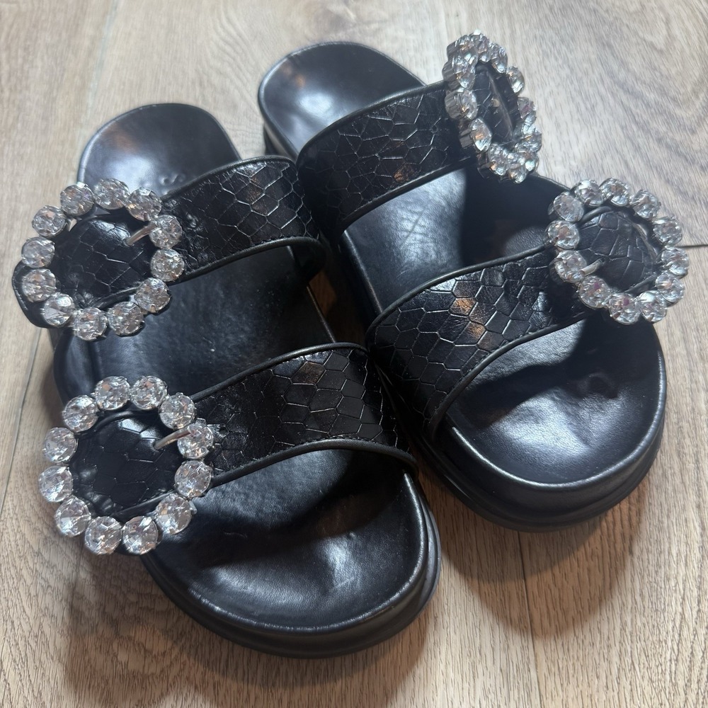 Schutz Ariel crystal-embellished snakeskin-embossed leather slide sandal 6B